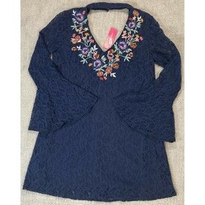 Embroidered Lace Choker Dress Flutter Sleeve Sz Small Blue  Deep V Neck …